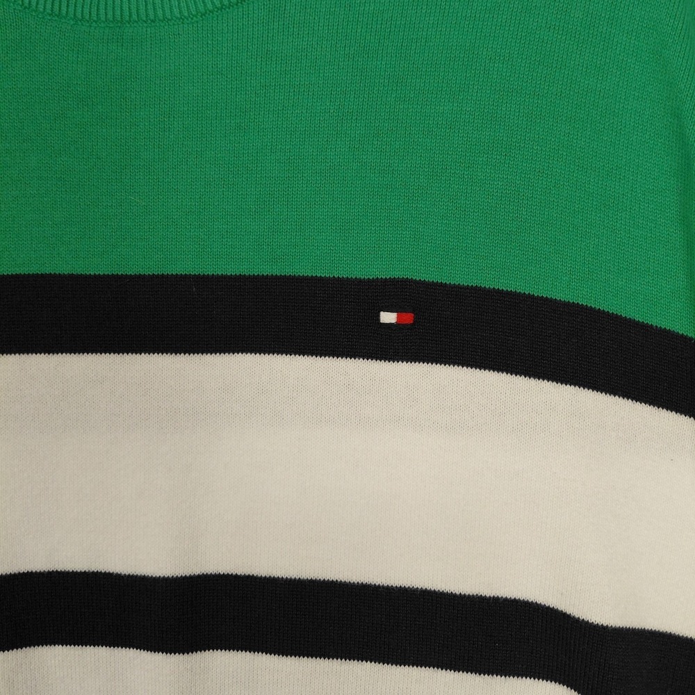 Tommy Hilfiger Sweater Mens Sz M Knit Striped Green Navy White Preppy Crest Logo - Picture 6 of 14